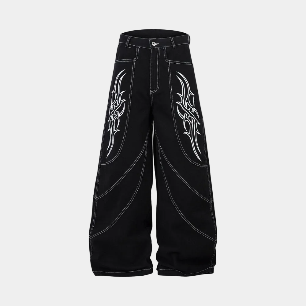 Deconstructed Contrast Embroidered Baggy Jeans