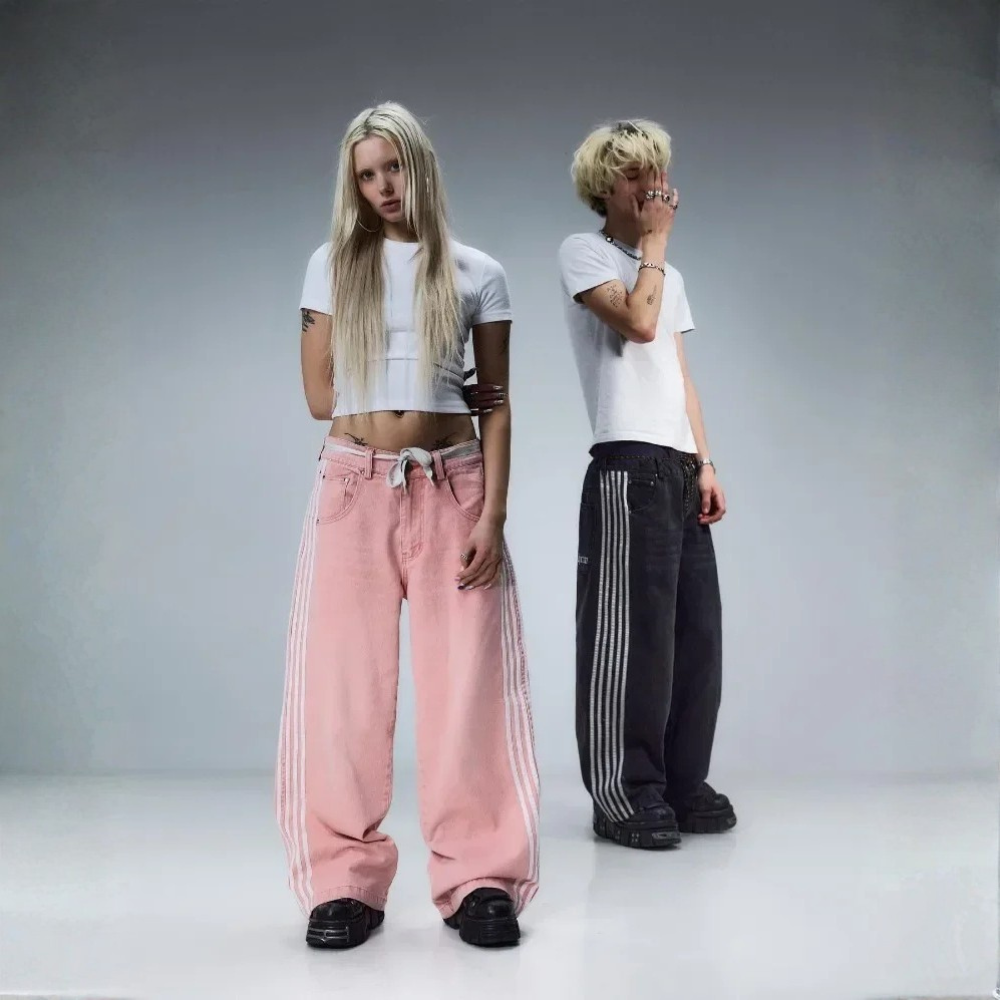 Embroidered Striped Baggy Jeans - Black/White