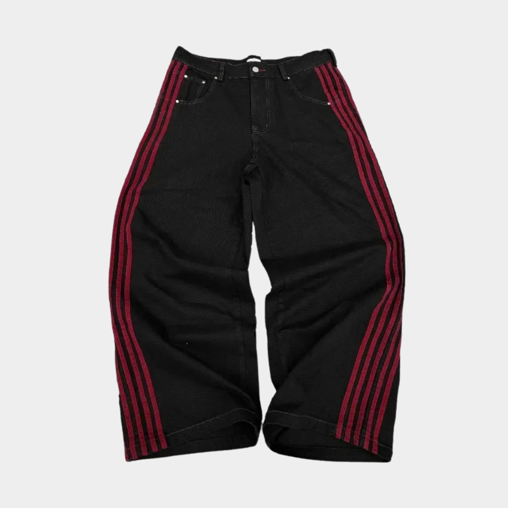 Embroidered Striped Baggy Jeans - Purple