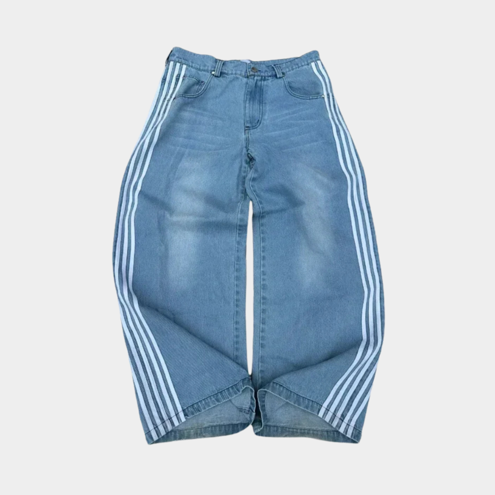 Embroidered Striped Baggy Jeans - Black/White
