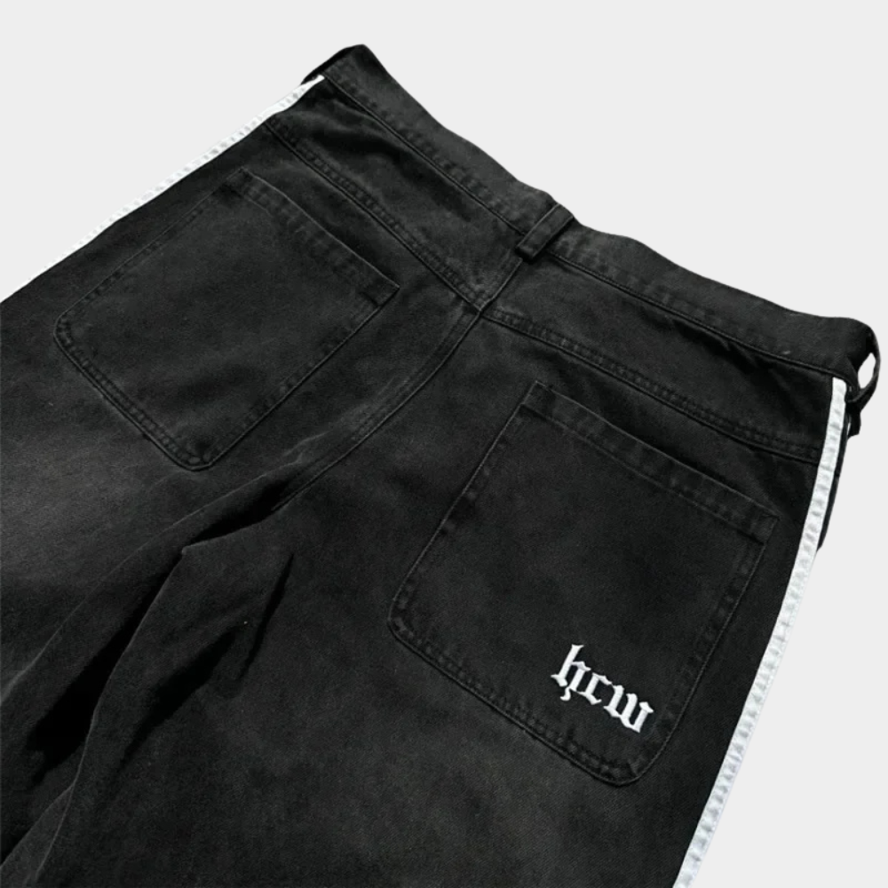 Embroidered Striped Baggy Jeans - Black/White