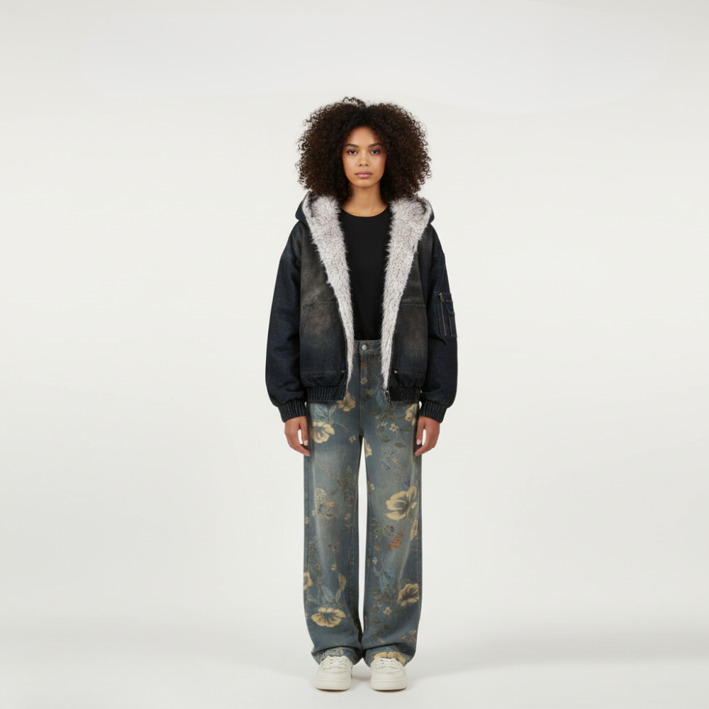 Denim Floral Print Jeans - Blue