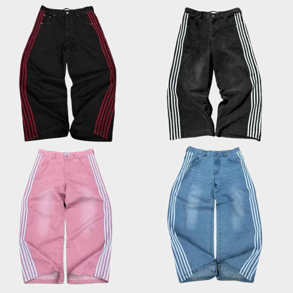 Embroidered Striped Baggy Jeans - Black/White