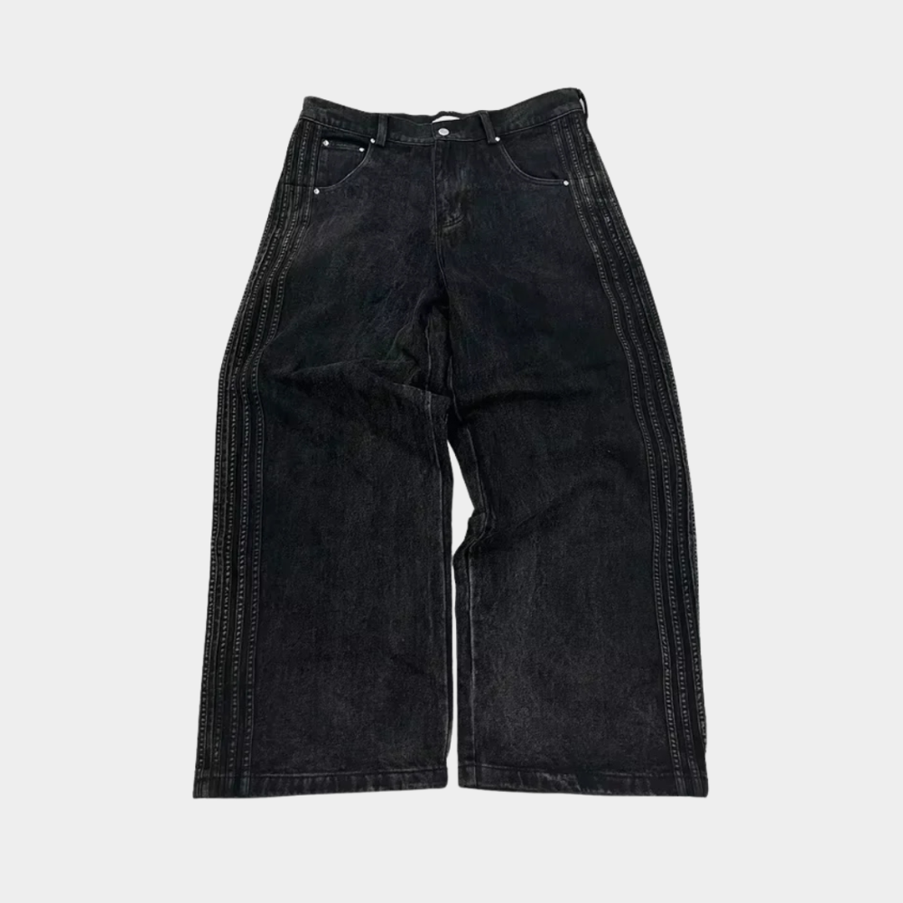 Embroidered Striped Baggy Jeans - Blue