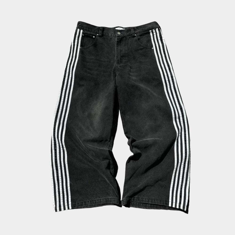 Embroidered Striped Baggy Jeans - Pink
